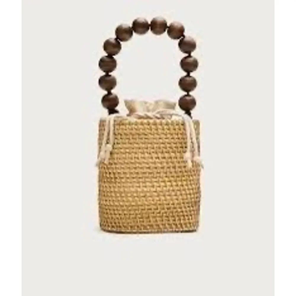 J.Crew Handknotted Rattan Bucket Bag Wood Beaded Top Handle Straw Purse NWOT